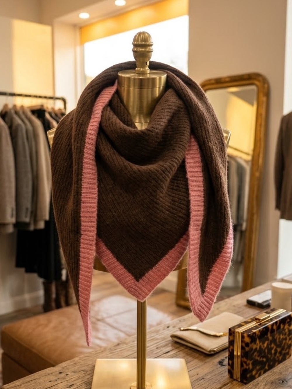 House of Harlow 1960 New Tags Brown Triangle Scarf Pink Trim Wool Blend Fall